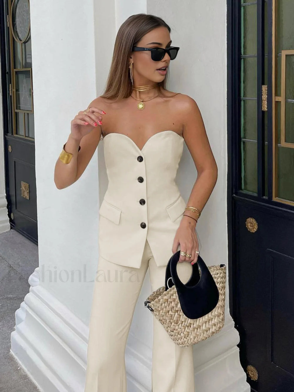 Solid Tube Top With Modern Wide Leg Pants Set Pant Sets