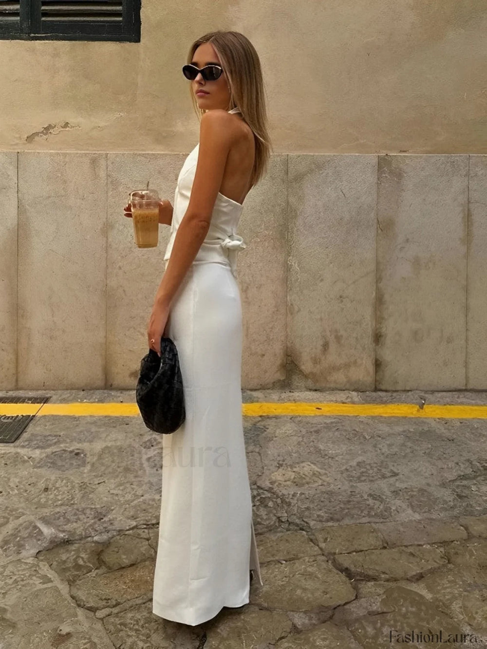 Solid V Neck Backless Tie Up Classic Halter & Split Maxi Skirt Set Skirt Sets