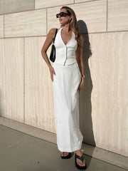 Solid V Neck Backless Tie Up Classic Halter & Split Maxi Skirt Set White / XS Skirt Sets