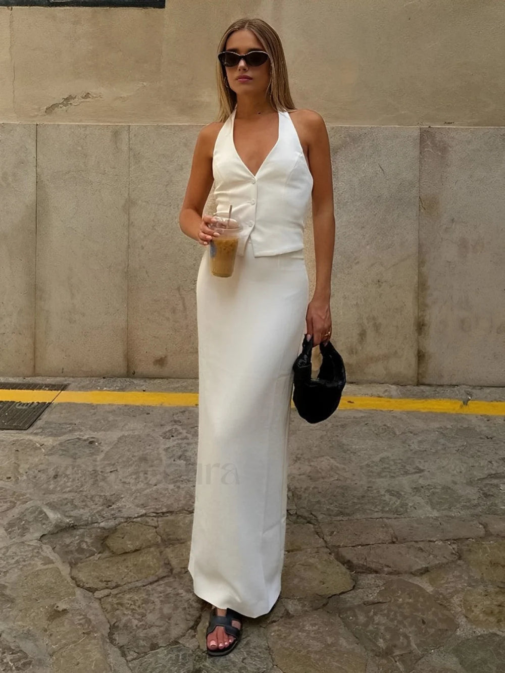 Solid V Neck Backless Tie Up Halter & Split Maxi Skirt Set Skirt Sets
