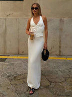 Solid V Neck Backless Tie Up Halter & Split Maxi Skirt Set Skirt Sets