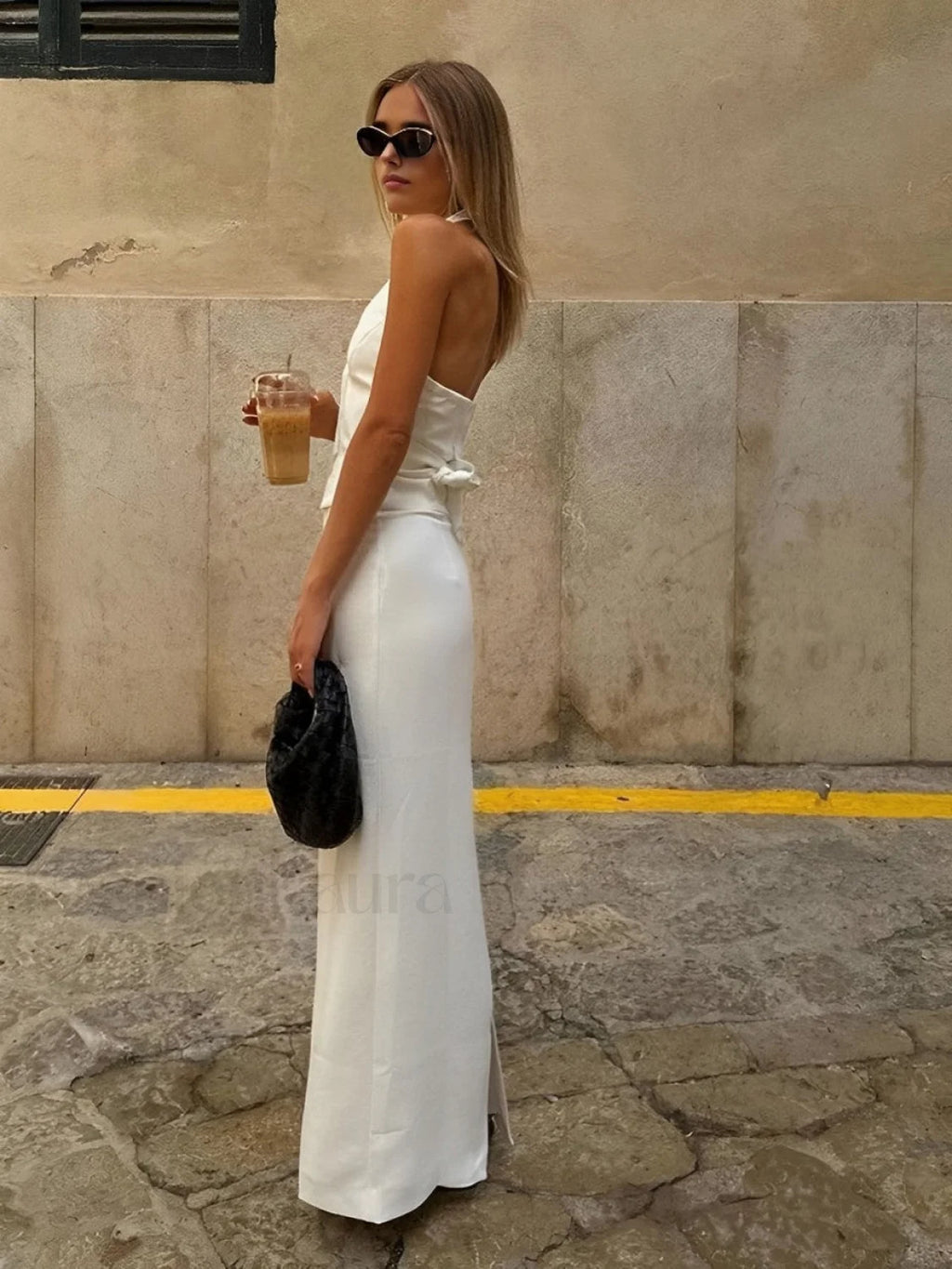 Solid V Neck Backless Tie Up Halter & Split Maxi Skirt Set Skirt Sets