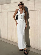 Solid V Neck Backless Tie Up Halter & Split Maxi Skirt Set White / XS Skirt Sets