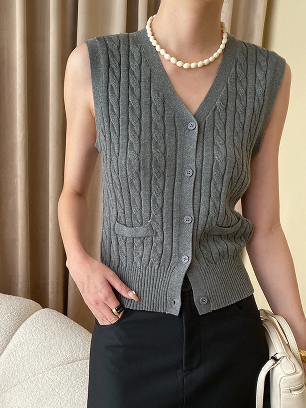 Solid V Neck Graceful Button Knitted Vest Grey / S Sweaters L