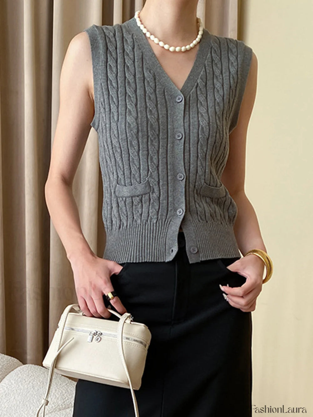 Solid V Neck Graceful Button Knitted Vest Sweaters L