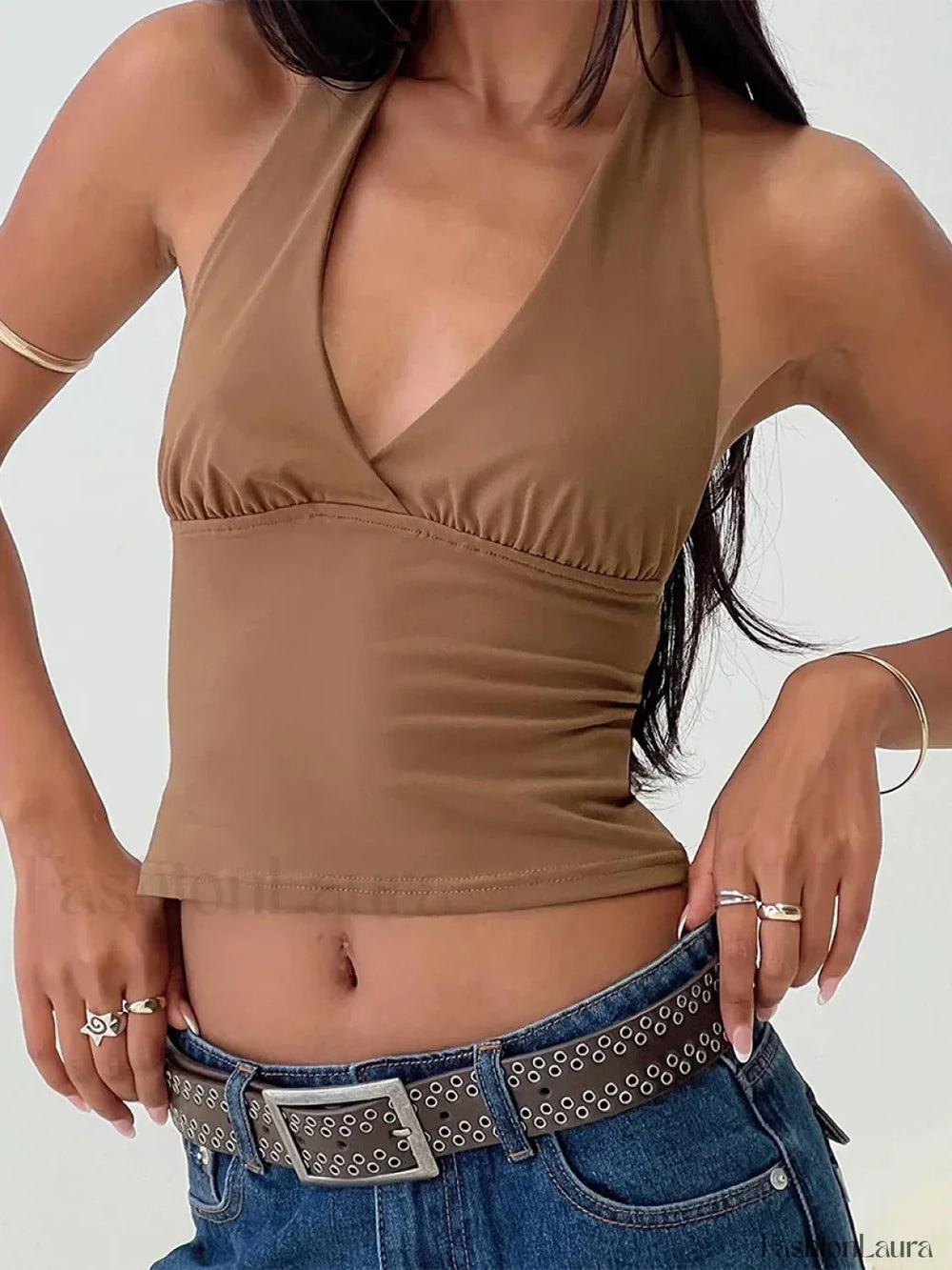 Solid Vintage Halter Crop Top Brown / S