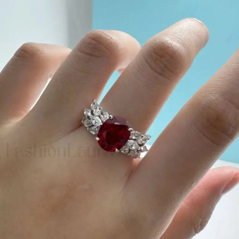Solid White Platinum Skeleton Diamond Ruby Gift Ring