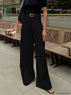 Solid Wide Leg Pants Without Belt Black / XS Pants