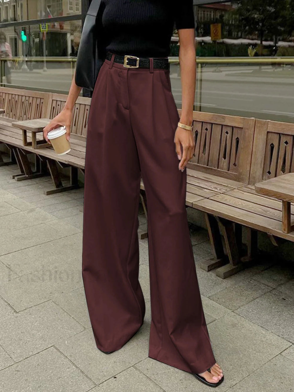 Solid Wide Leg Pants Without Belt Burgundy / XS Pants