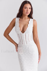 Sophina English Embroidery Charming Deep V Maxi Dress