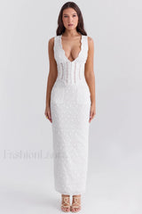Sophina English Embroidery Charming Deep V Maxi Dress