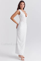 Sophina English Embroidery Charming Deep V Maxi Dress