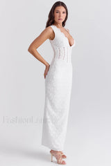 Sophina English Embroidery Charming Deep V Maxi Dress