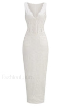 Sophina English Embroidery Charming Deep V Maxi Dress XS / White
