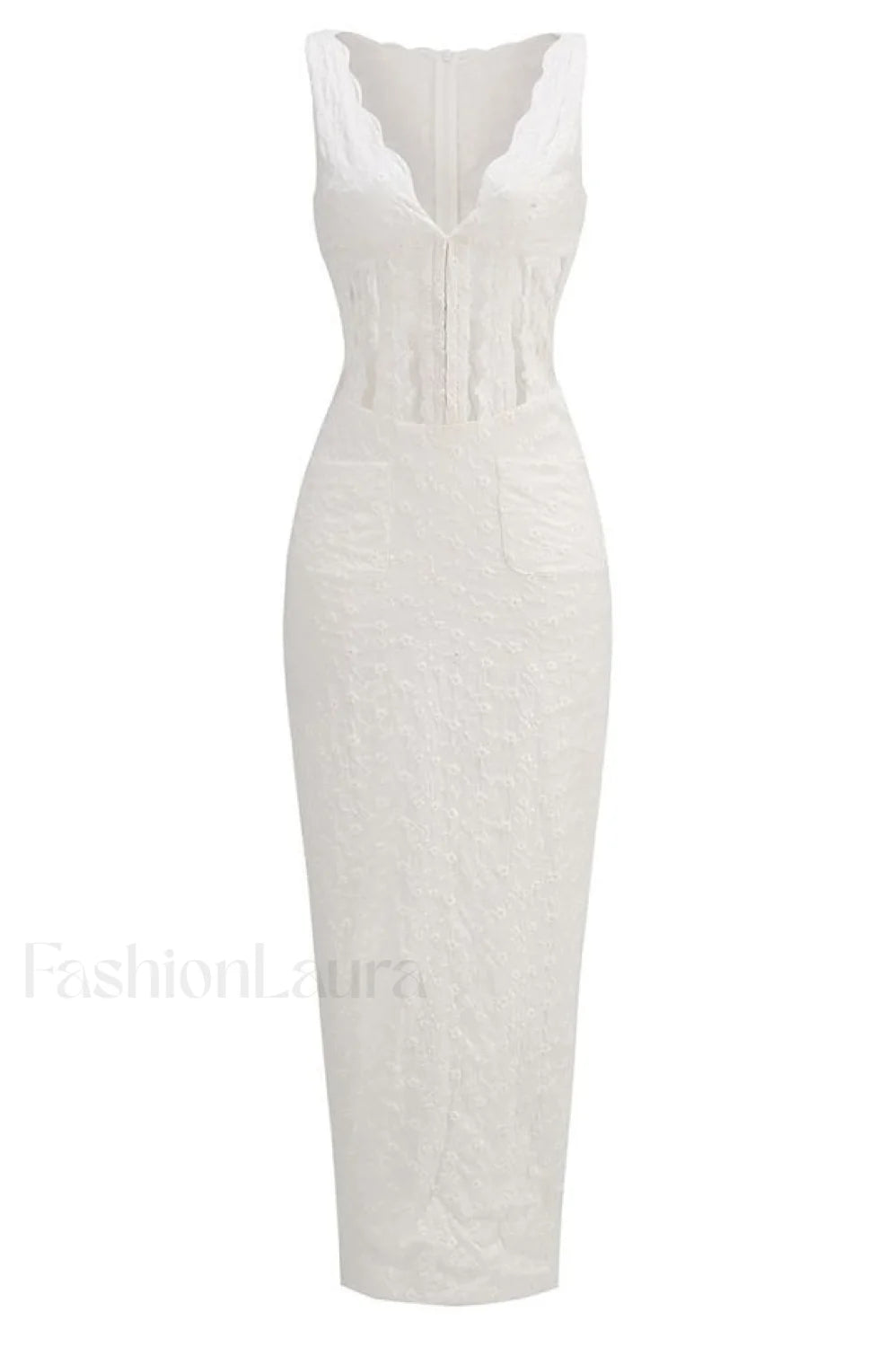 Sophina English Embroidery Charming Deep V Maxi Dress XS / White