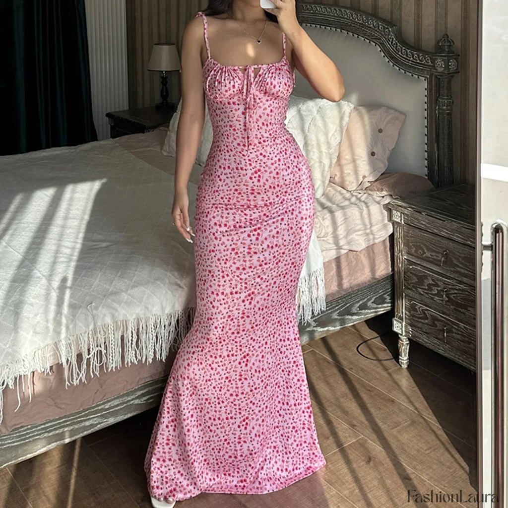 Spaghetti Bodycon Blue Floral Dress Pink / S