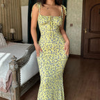 Spaghetti Bodycon Blue Floral Dress Yellow / S