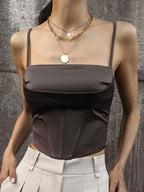 Spaghetti Strap Backless Lace Up Crop Top Brown / S