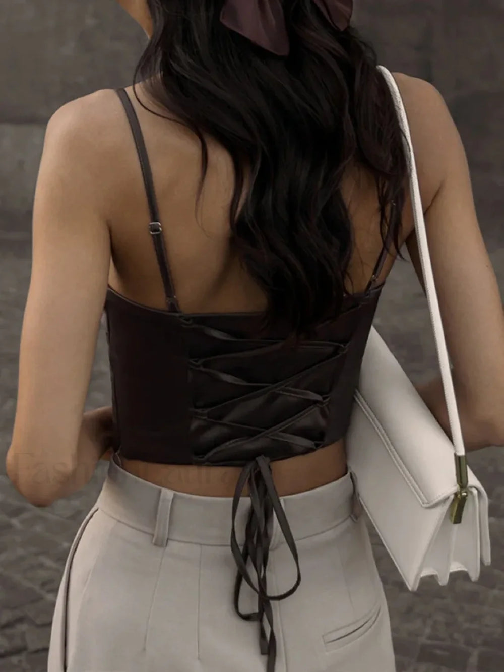 Spaghetti Strap Backless Lace Up Crop Top