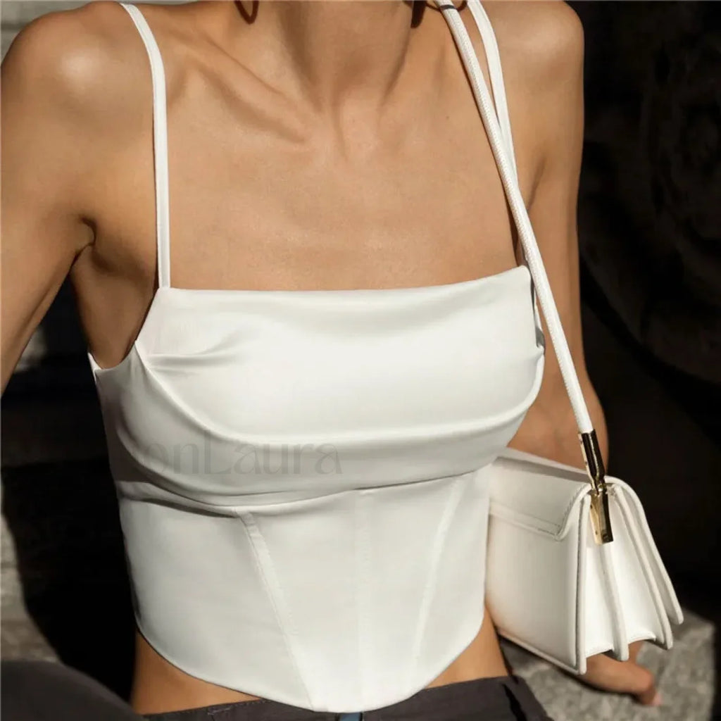 Spaghetti Strap Backless Lace Up Crop Top WHITE / S