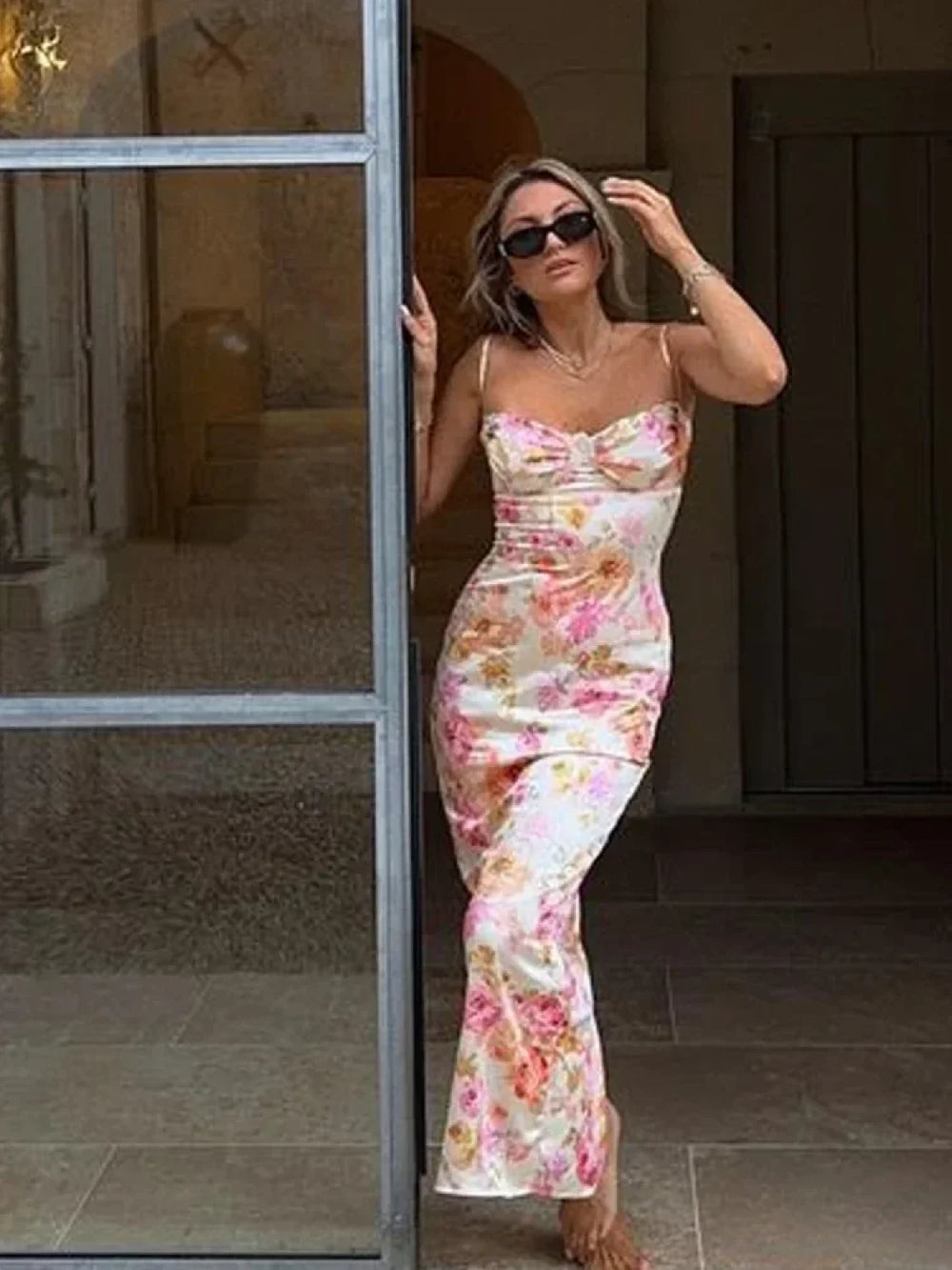 Spaghetti Strap Floral Print Party Dress Elegant Bodycon Floral Dress