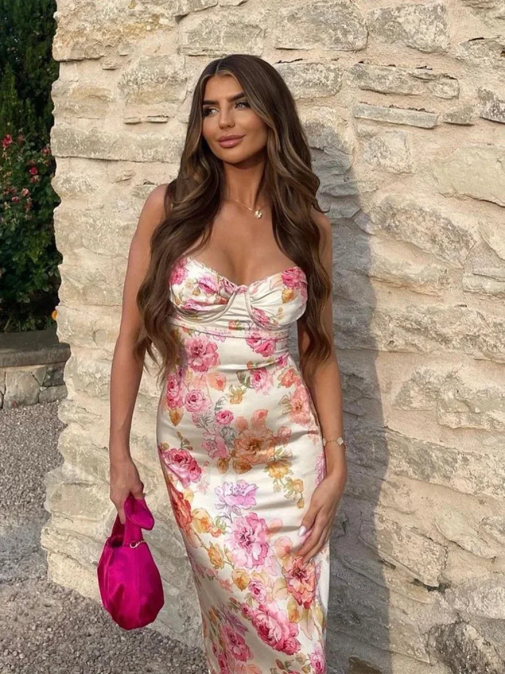 Spaghetti Strap Floral Print Party Dress Elegant Bodycon Floral Dress pink / S