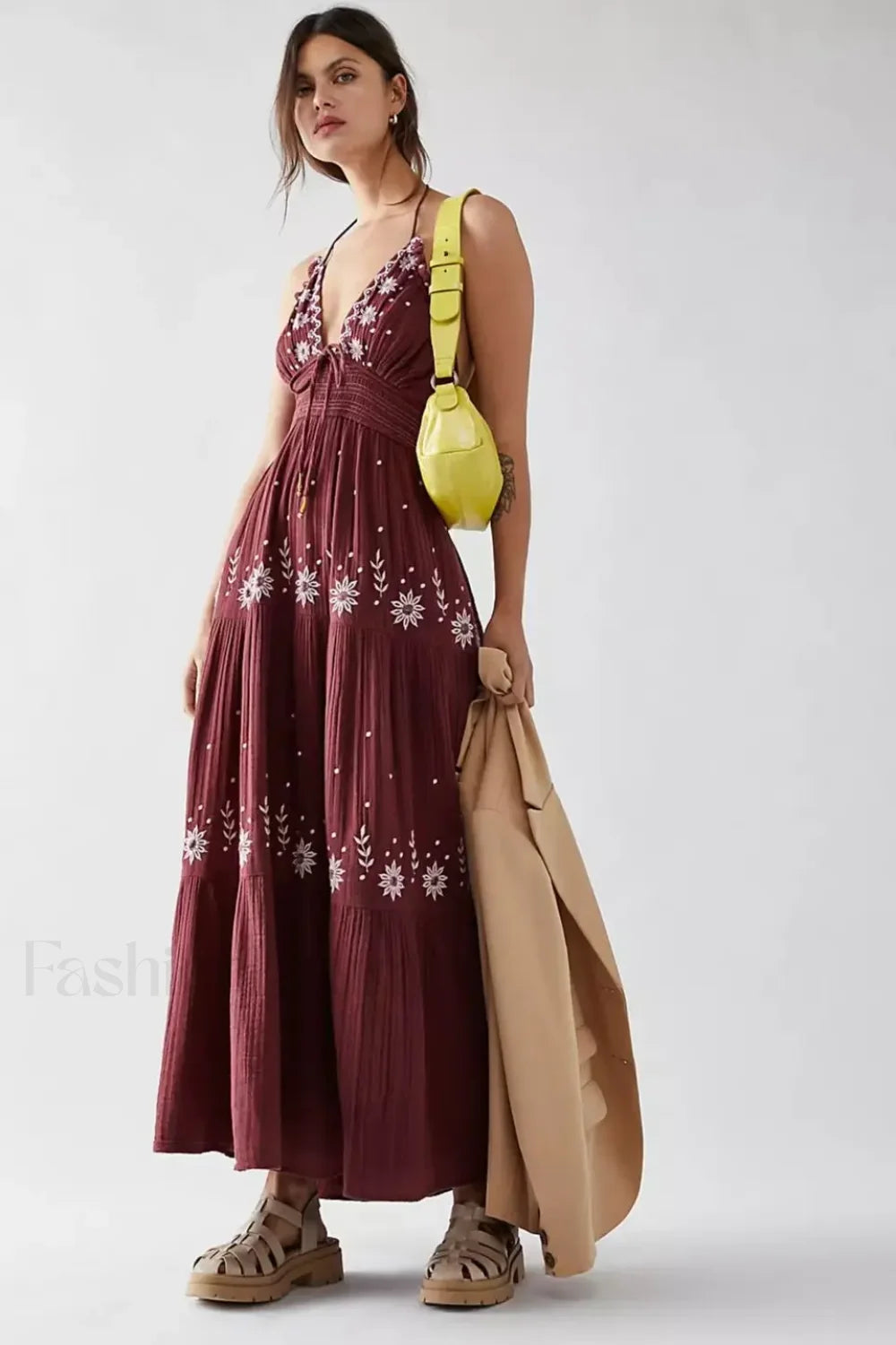 Spaghetti Strap Lace Up Boho Dress Maroon / S