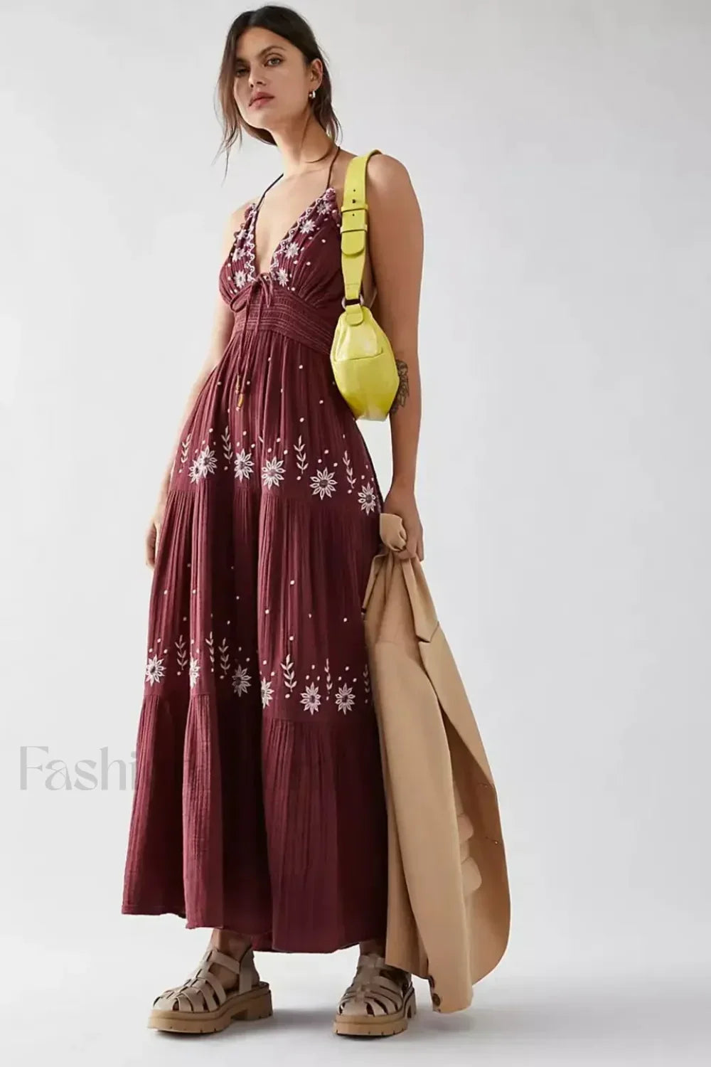 Spaghetti Strap Lace Up Boho Dress Maroon / S