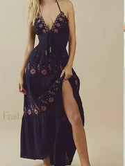 Spaghetti Strap Lace Up Boho Dress navy / S