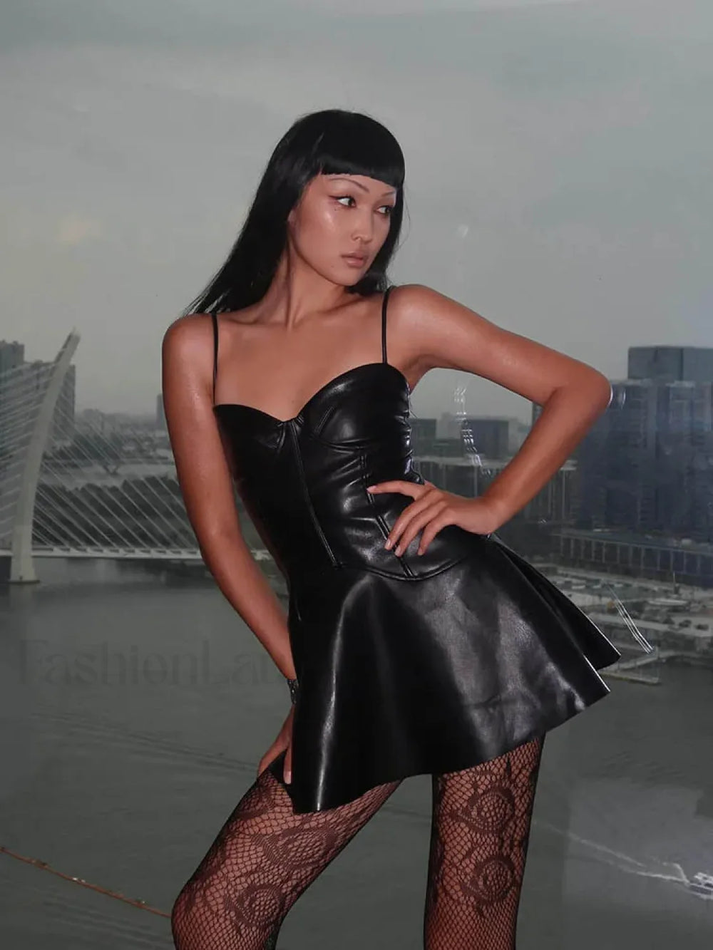 Spaghetti Strap Sweetheart A Line Faux Leather Mini Sexy Backless PU Dress