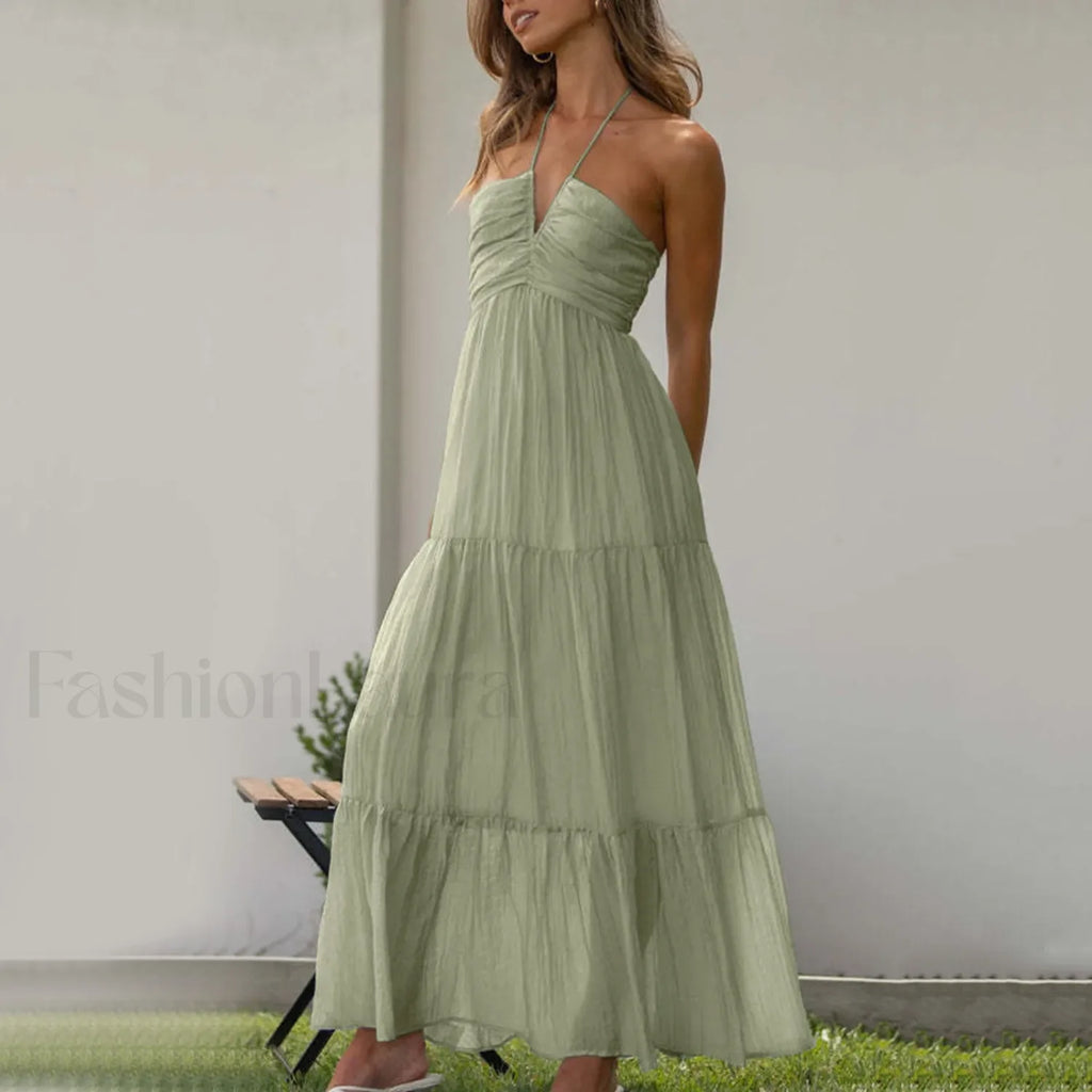 Spaghetti Strap V neck Floral Dress Green / S / CHINA