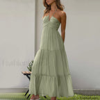 Spaghetti Strap V neck Floral Dress Green / S / CHINA