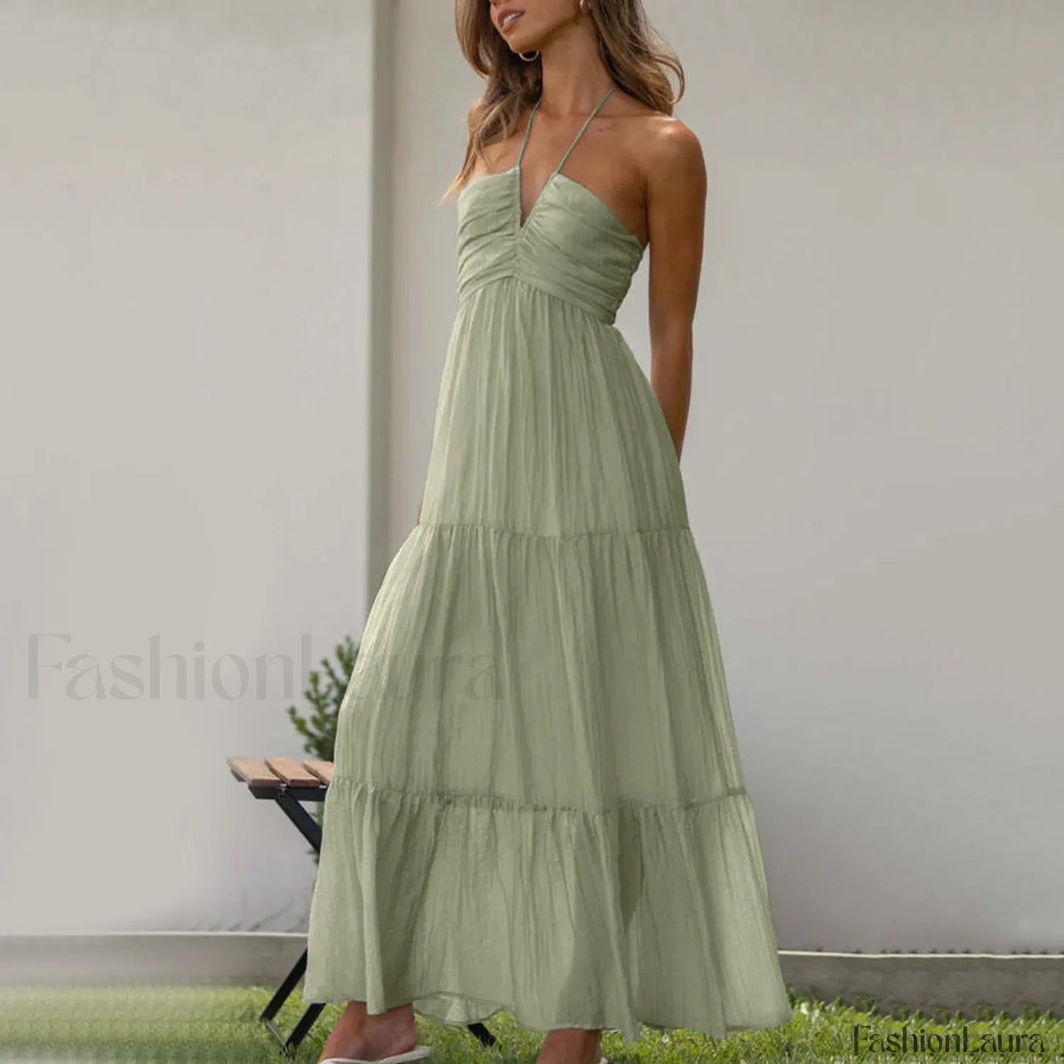 Spaghetti Strap V neck Floral Dress Green / S / CHINA