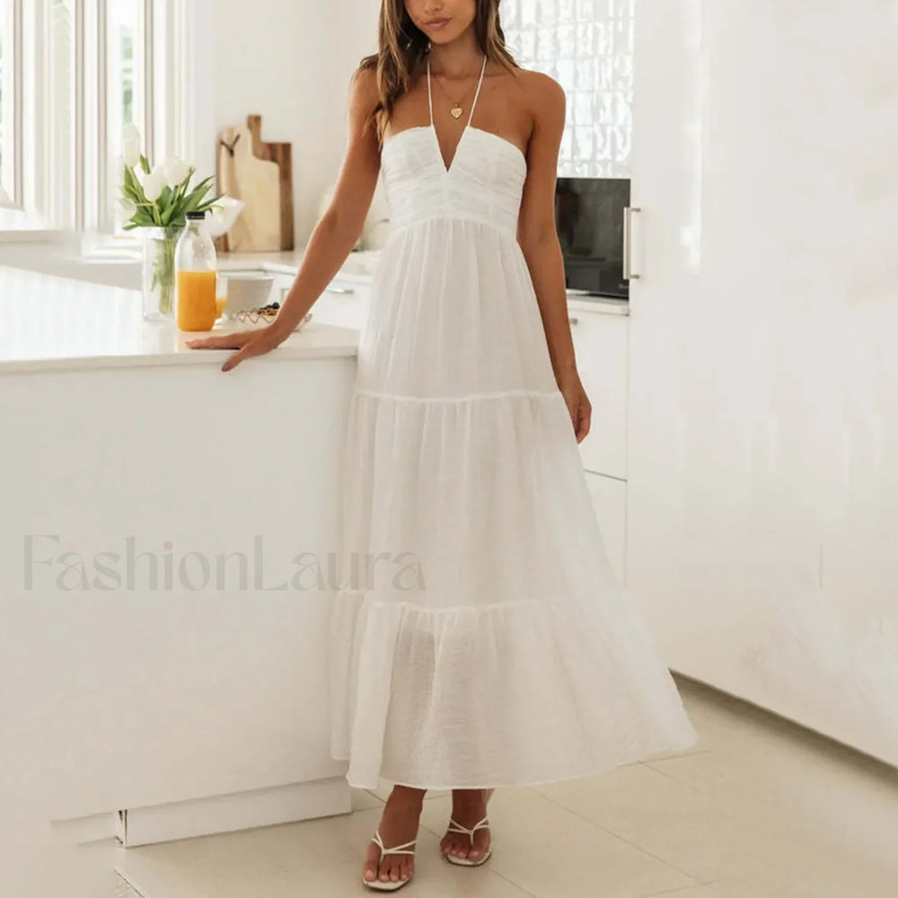Spaghetti Strap V neck Floral Dress White / S / CHINA