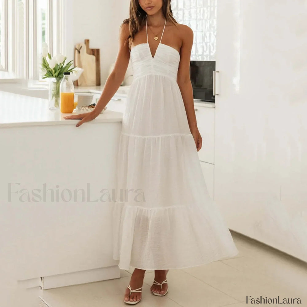 Spaghetti Strap V neck Floral Dress White / S / CHINA
