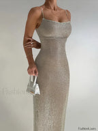 Sparkle Glitter Split Maxi Dress Apricot / L
