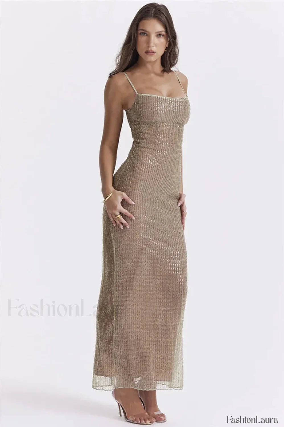 Sparkle Sequined Stylish Fit Maxi Dress S / Silver Sequin