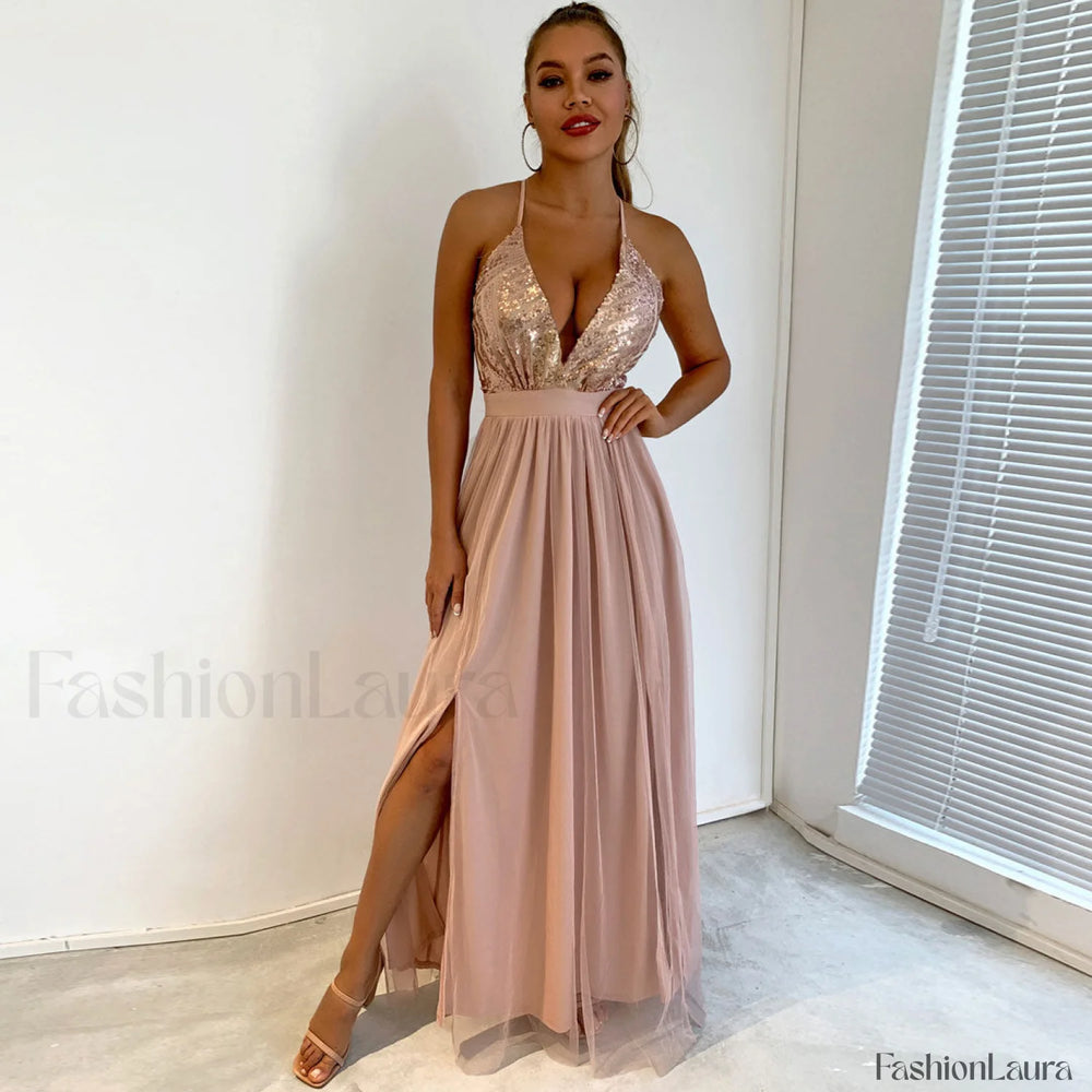 Sparkly Sequin Panel Mesh Deep V Evening Maxi Dress Champagne M / Champagne Formal Dresses