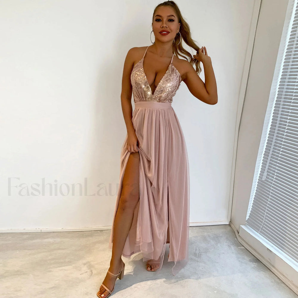 Sparkly Sequin Panel Mesh Deep V Evening Maxi Dress Champagne S / Champagne Formal Dresses