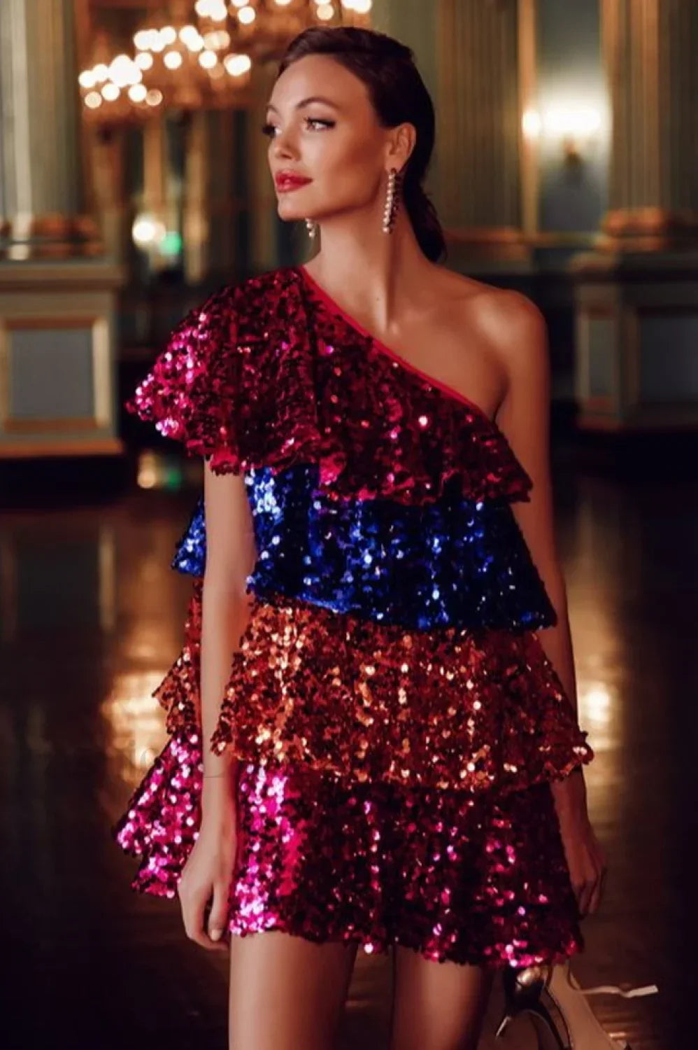 Sparkly Sequined One Charming Shoulder Mini Dress Main image