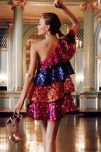 Sparkly Sequined One Charming Shoulder Mini Dress