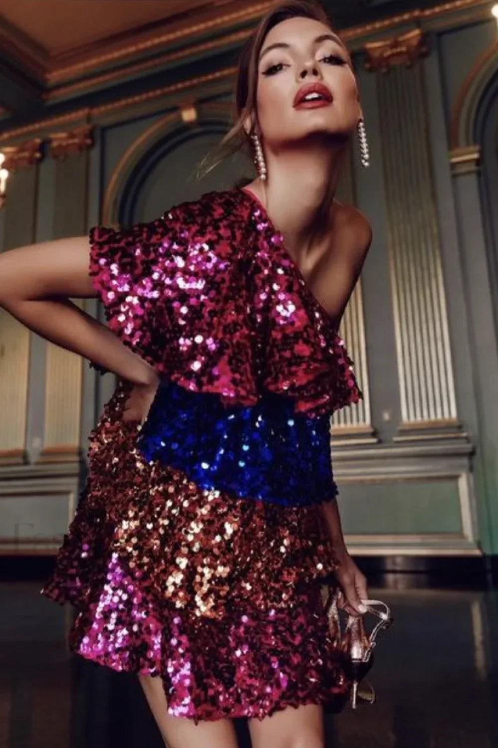 Sparkly Sequined One Charming Shoulder Mini Dress Secondary image