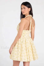Spice Girl Deep V Neck Backless Pleated Printed A Line Mini Dress