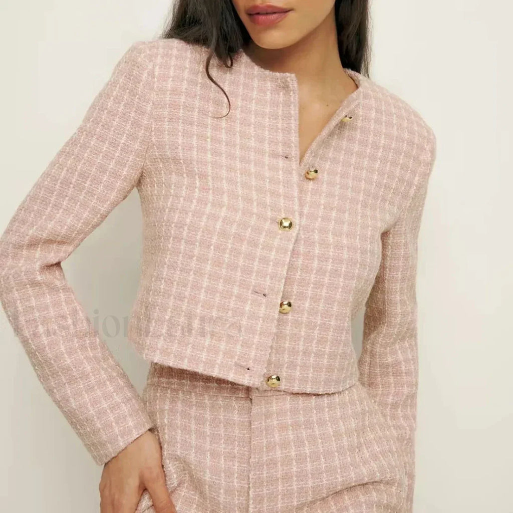 Spliced Button Shorts Two Piece Set pink TOP / S