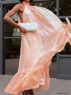 Spliced Dot Backless Halter Maxi Dress
