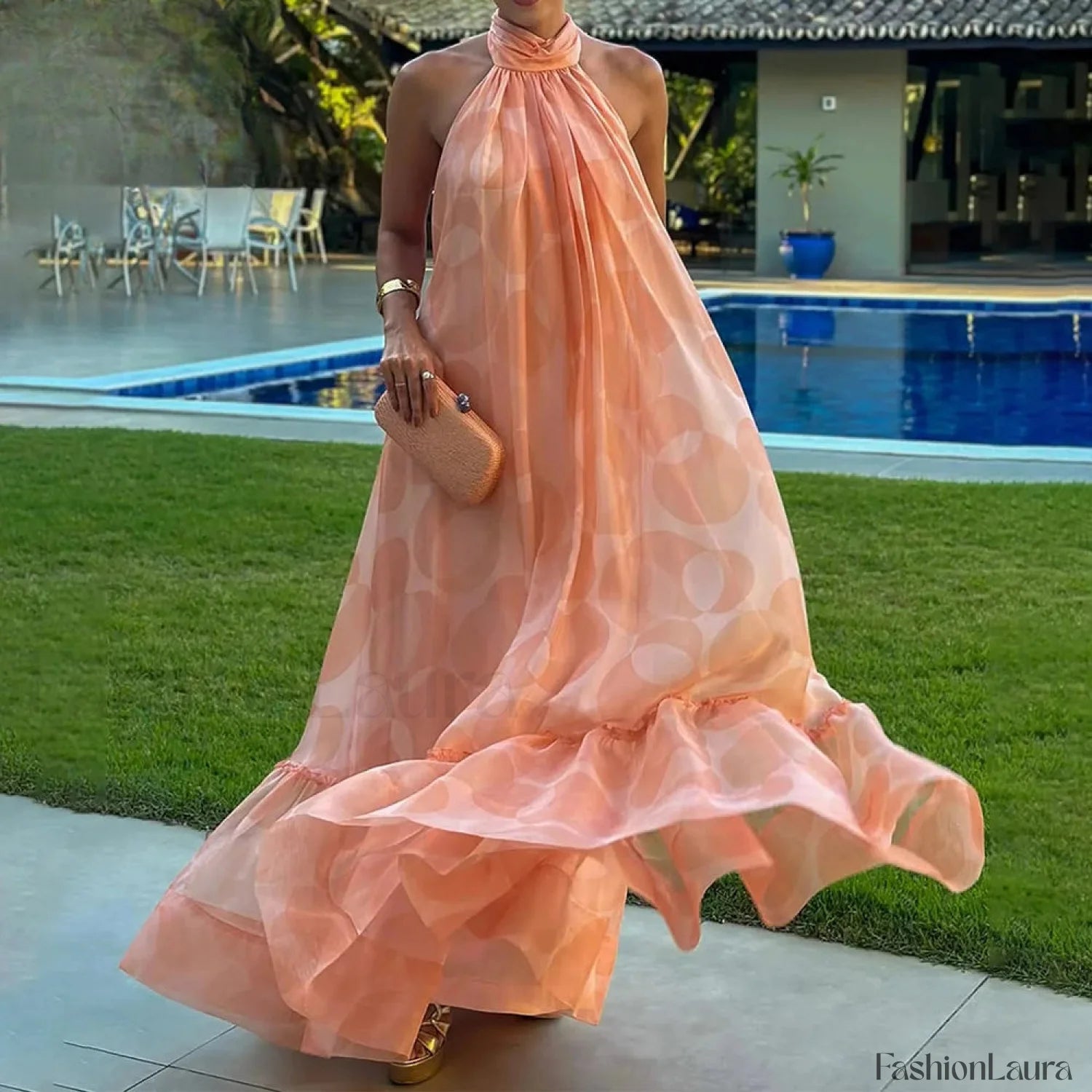 Spliced Dot Backless Halter Maxi Dress ORANGE / S