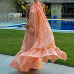 Spliced Dot Backless Halter Maxi Dress ORANGE / S