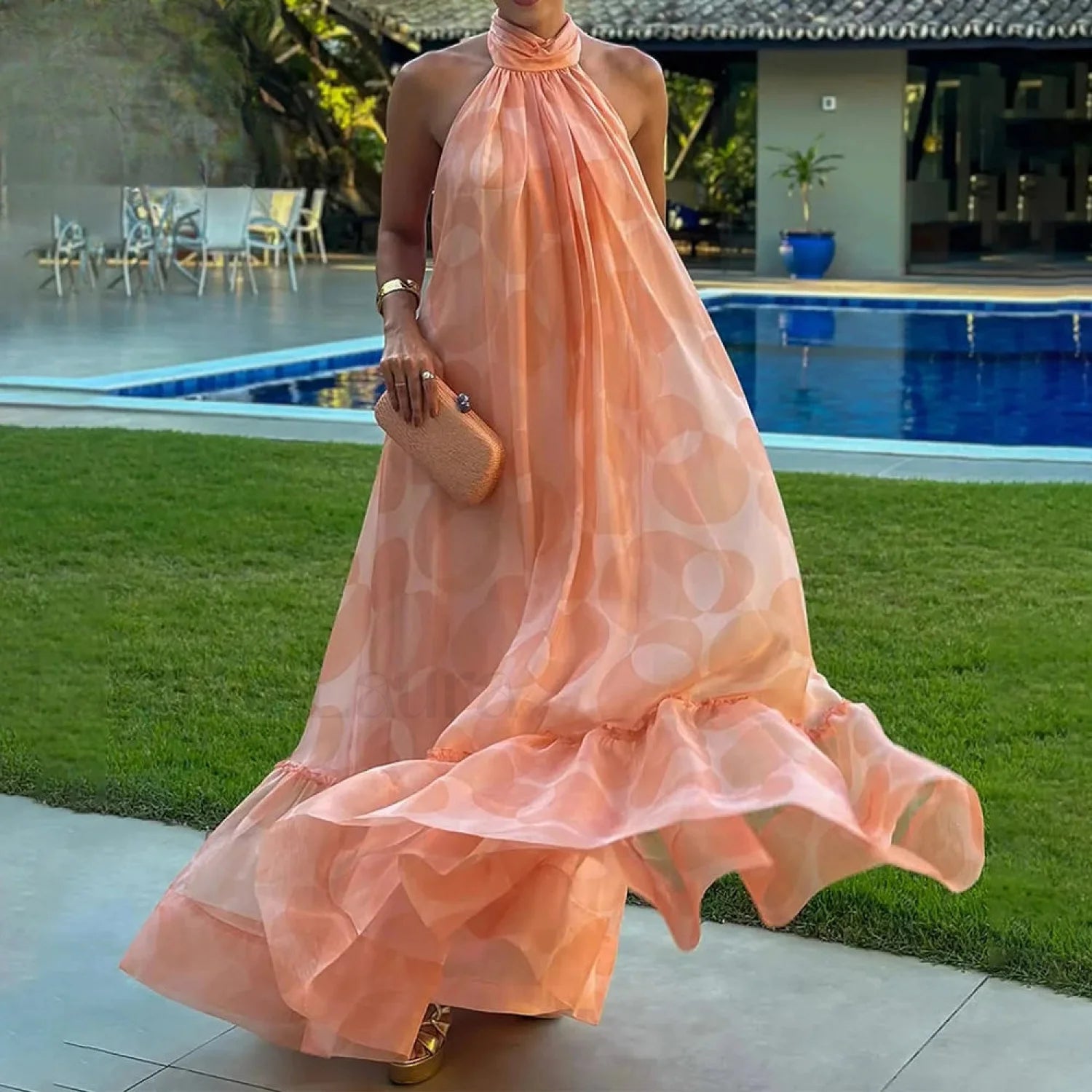 Spliced Dot Backless Halter Maxi Dress Secondary image
