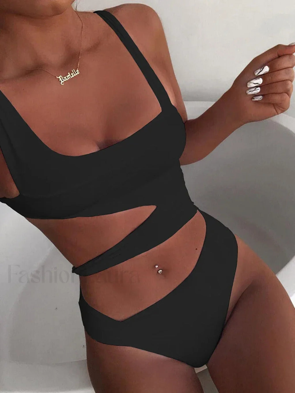 Spliced Hollow Out One Piece Black / S