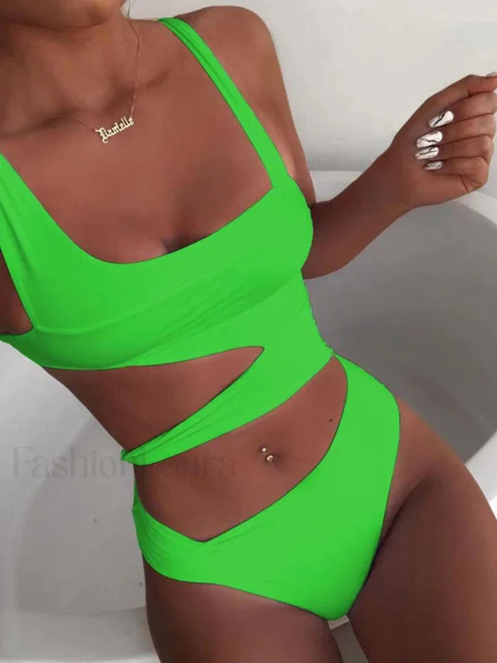 Spliced Hollow Out One Piece green / S